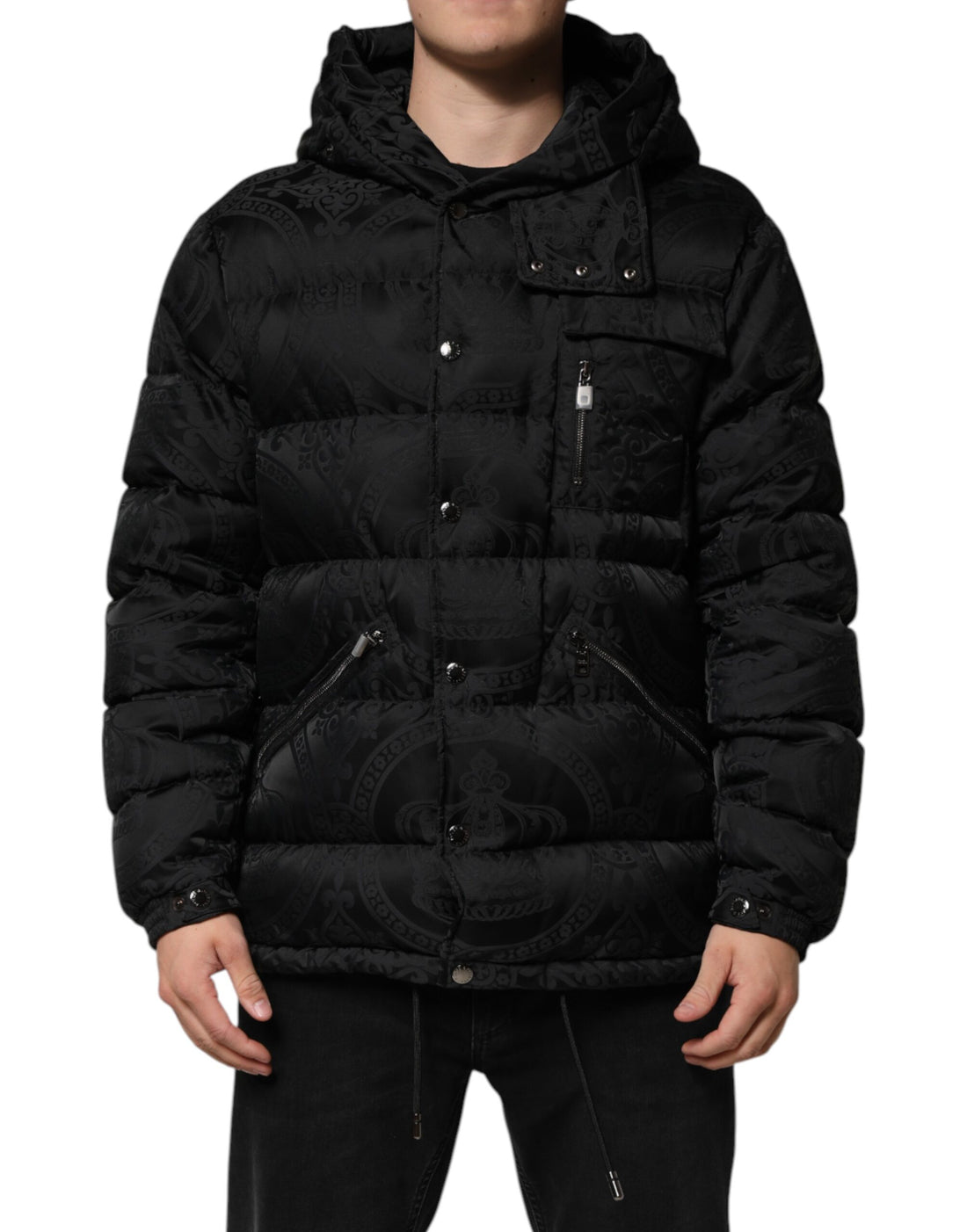 Black Jacquard Quilted Puffer Hooded Jacket