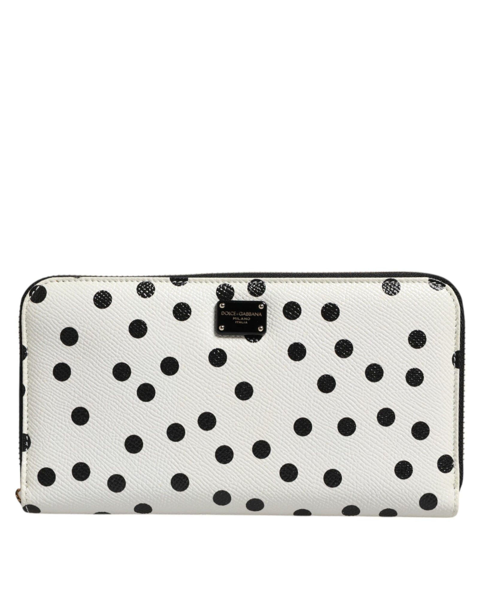 White Black Dotted Leather Zip Around Continental Wallet