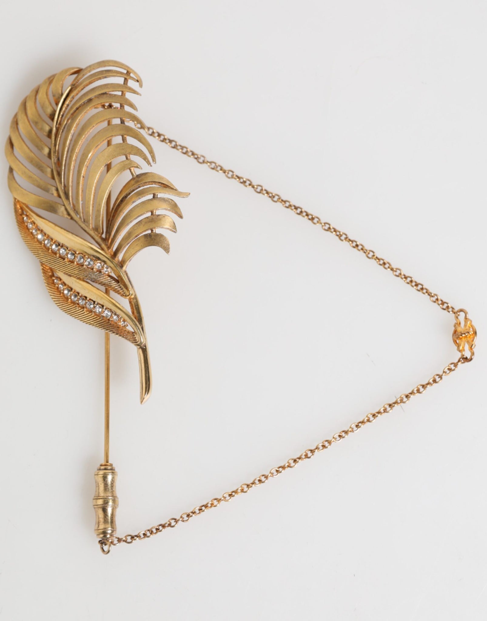 Gold Tone Leaf 925 Sterling Silver Crystal Chain Brooch