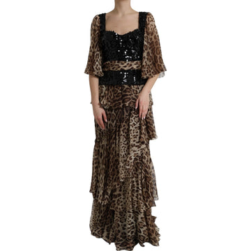 Leopard Print Silk Sequin Ruffle Maxi Dress