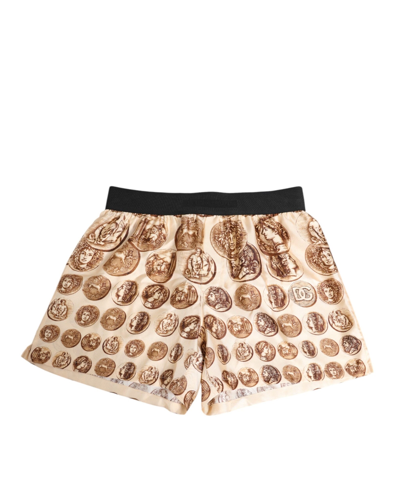 Brown Ancient Coin Print Silk Shorts Swimwear
