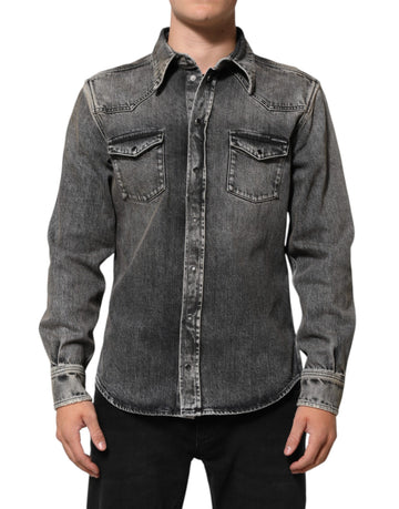 Black Washed Cotton Snap Long Sleeve Casual Shirt