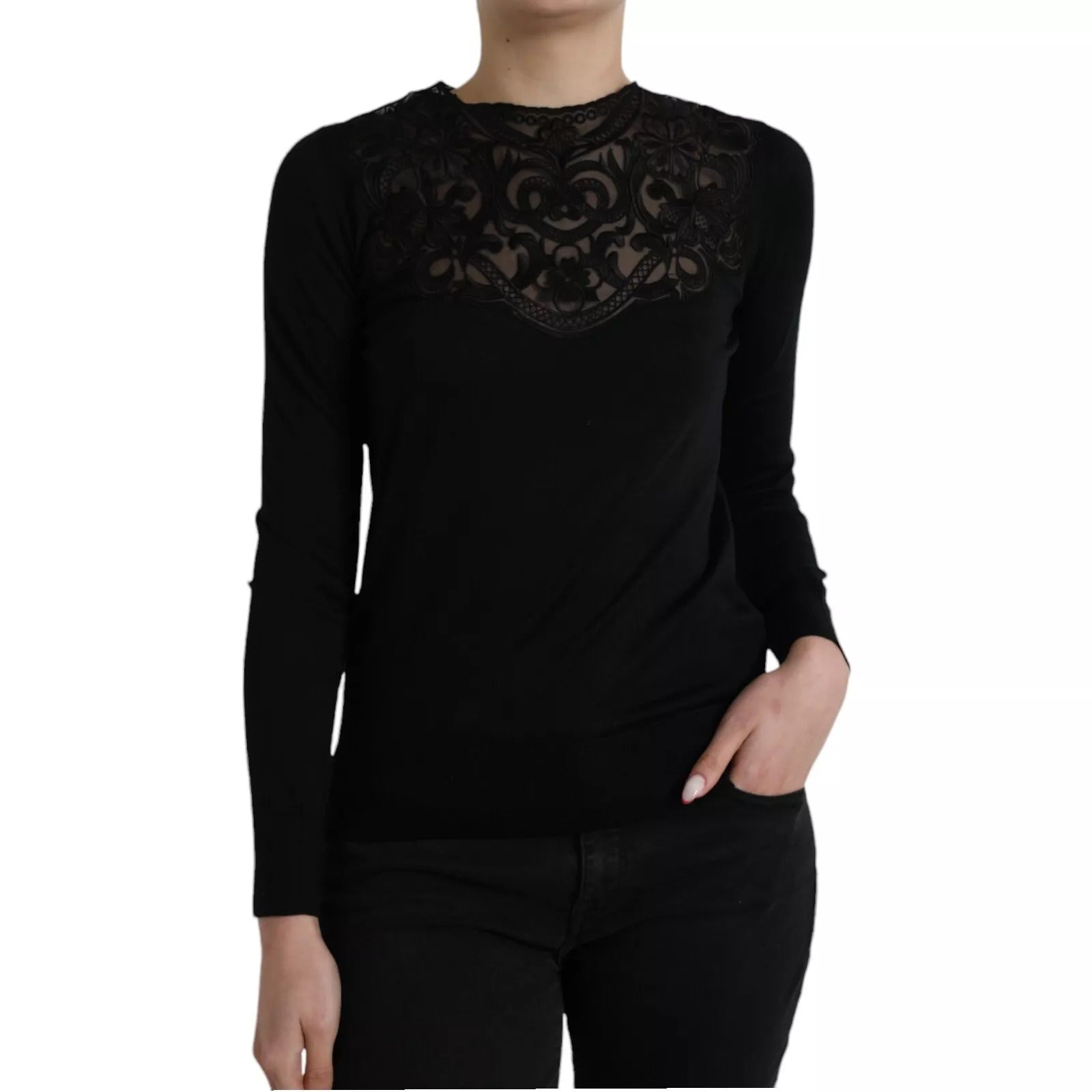 Black Silk Lace Trim Long Sleeves Blouse Top