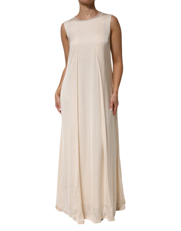 Beige Viscose Pleated Sleeveless Long Maxi Dress