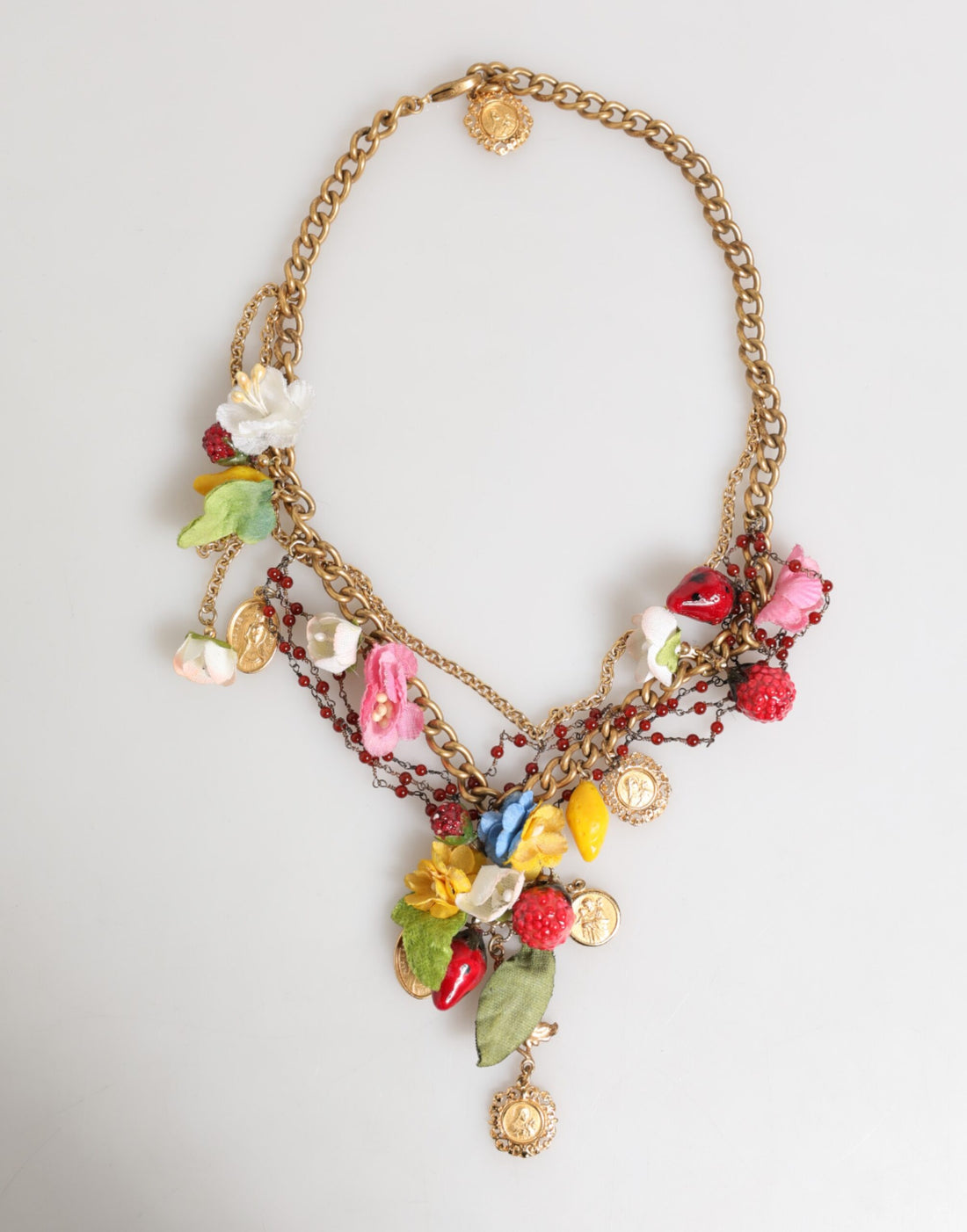 Estate Multicolor Floral Fruit Gold Chain Statement Necklace
