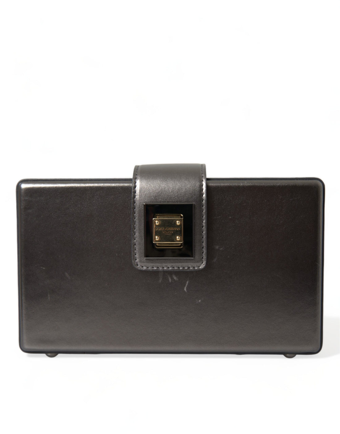 Steel Gray Leather Box Shape Shoulder Gold DG Logo Plaque Bag
