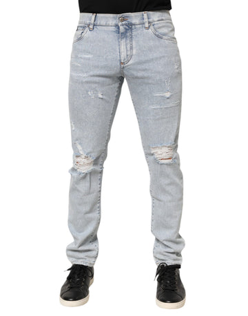 Light Blue Distressed Slim Fit Ripped Denim Jeans
