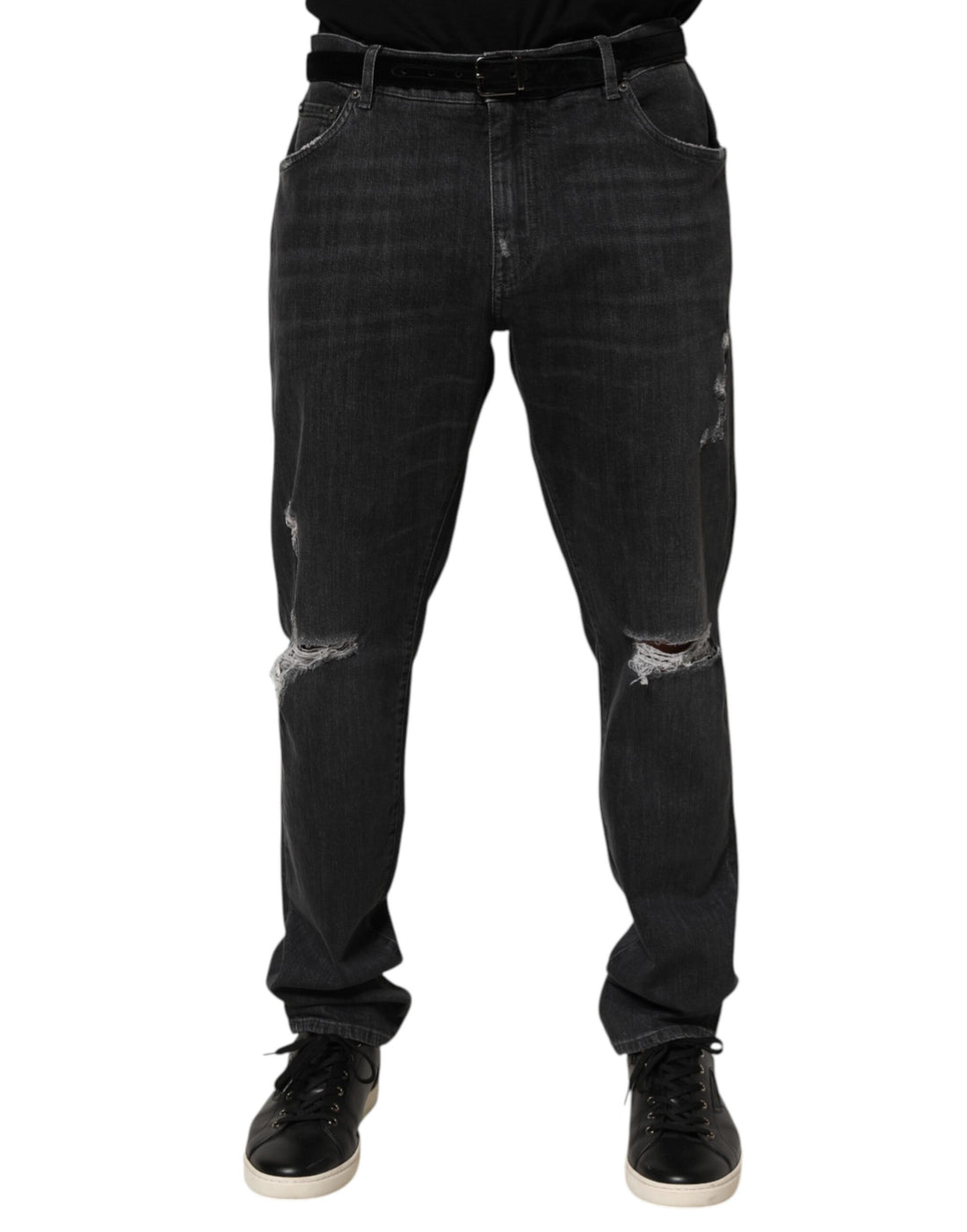 Black Cotton Slim Fit Distressed Ripped Logo Jeans
