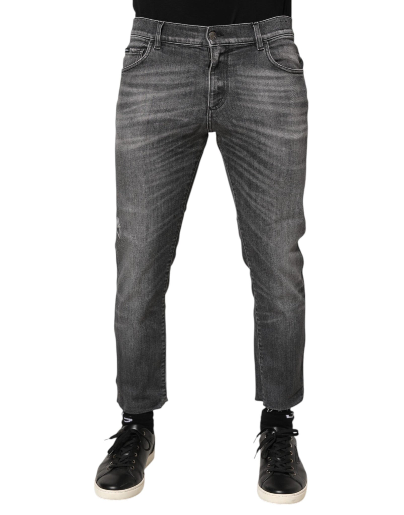 Grey Cotton Denim Slim Fit Distressed Pants Jeans