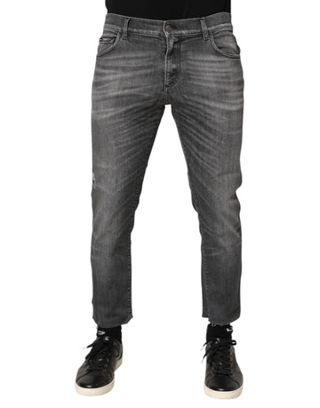 Grey Cotton Denim Slim Fit Distressed Pants Jeans
