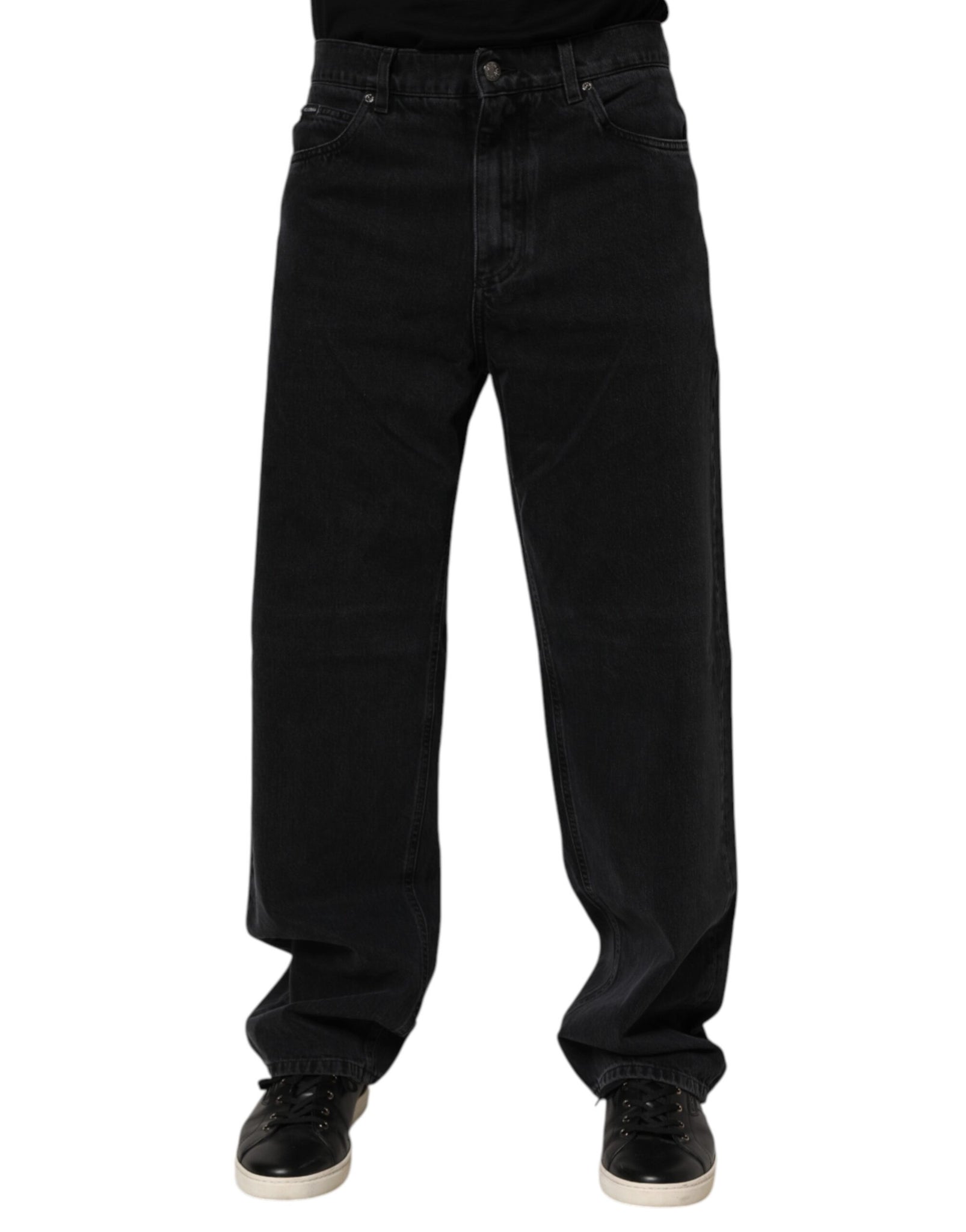 Black Cotton Logo Men Mid Waist Denim Jeans