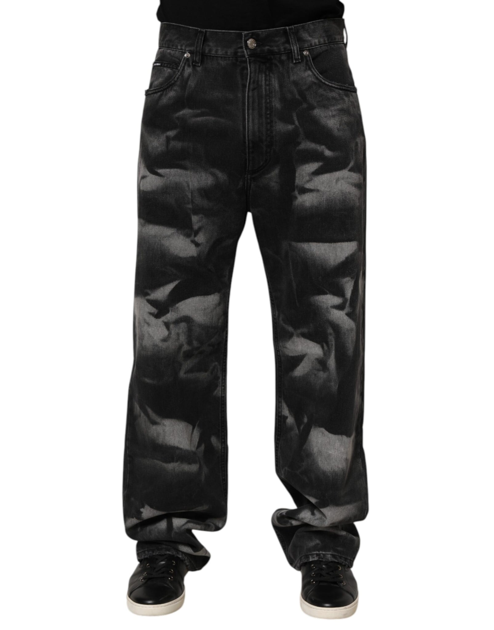 Black Marbled Effect Straight Men Denim Jeans