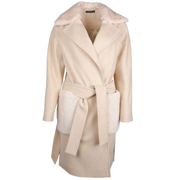 Beige Wool Women Coat with Rabbit Fur Collar