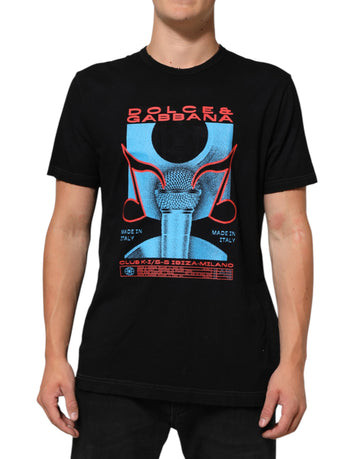 Black Musical Print Cotton Crew Neck T-shirt