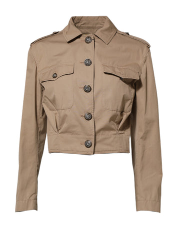 Beige Cotton Button Up Fitted Cropped Jacket