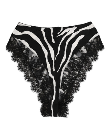 Black Silk Zebra Print Lace High Waist Underwear