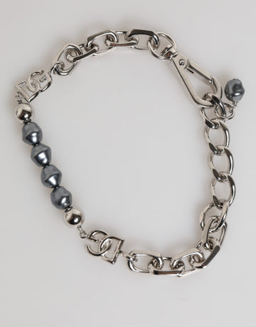 Silver Tone Chain Lobster Clasp Logo Gray Pearls Bracelet