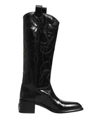Black Leather Over The Calf Biker Boots Shoes