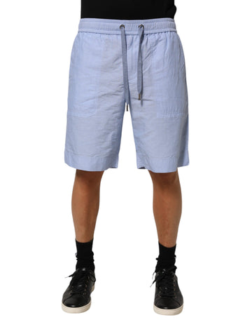 Light Blue Linen Mid Waist Men Bermuda Shorts