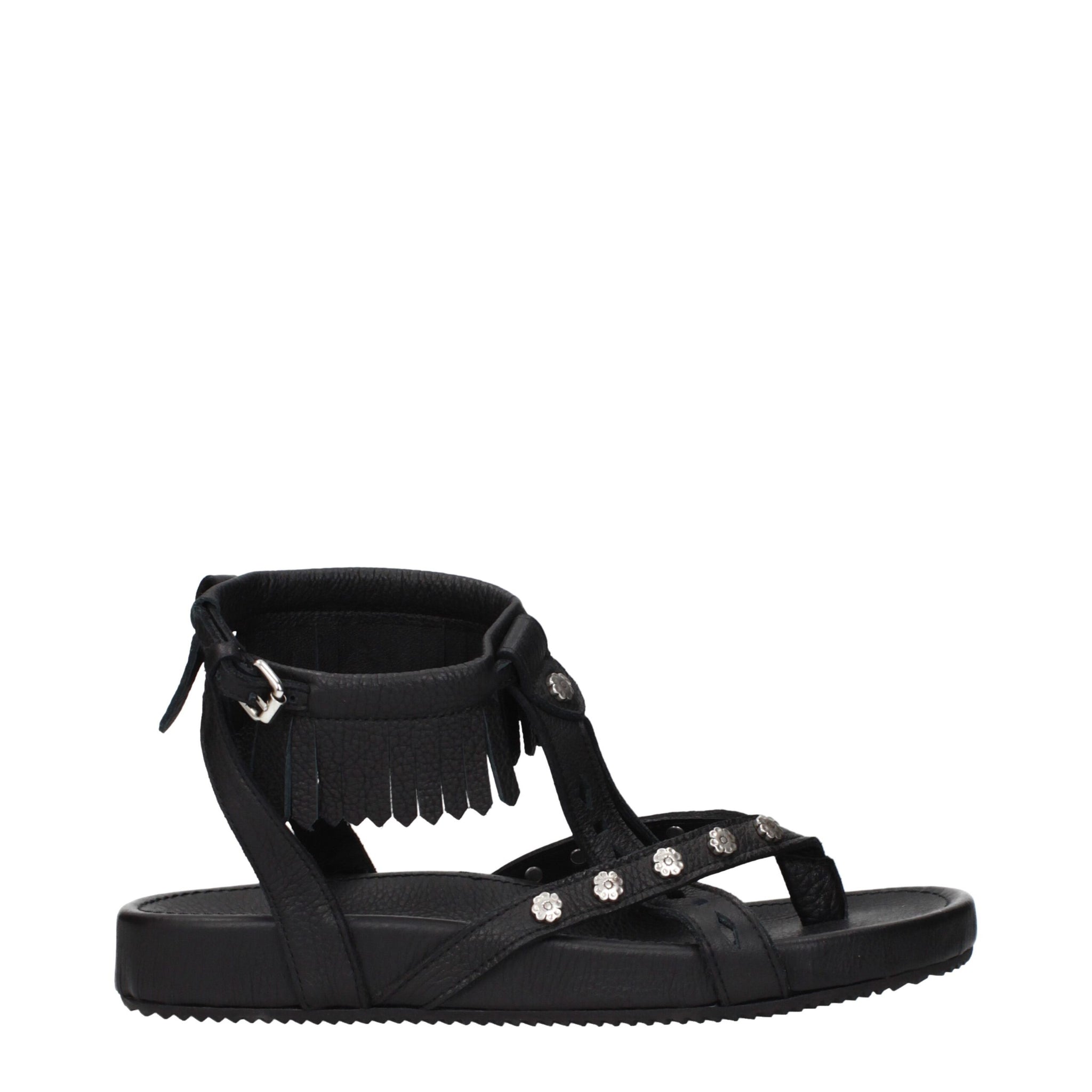 Black Leather Flat Sandals