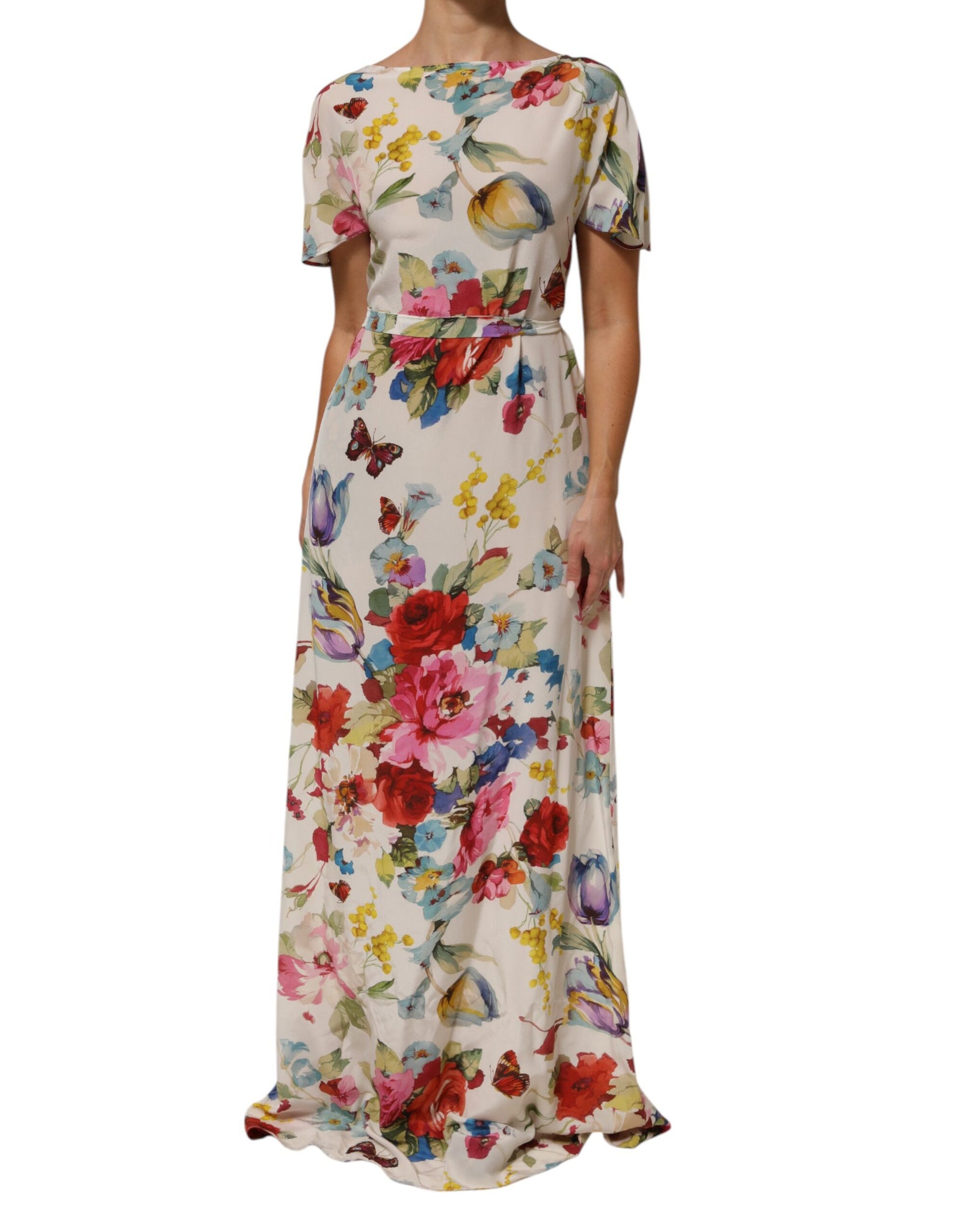 White Floral Print Silk Sheath LongGown Dress