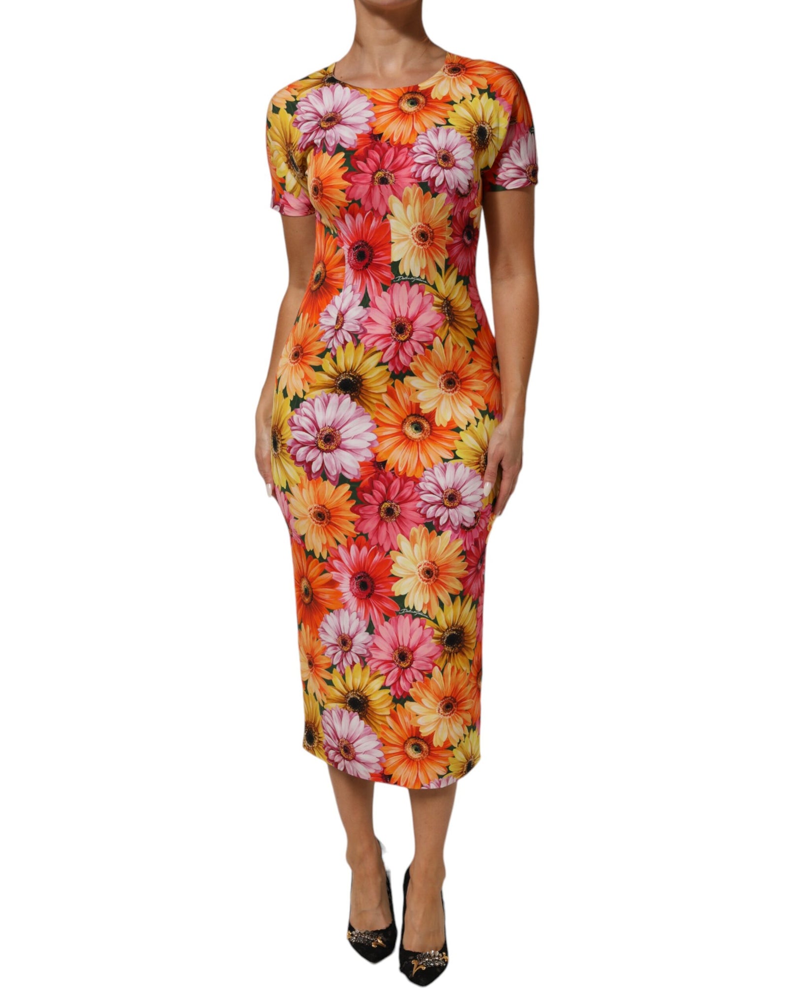 Multicolor Floral Print SilkSheath Midi Dress