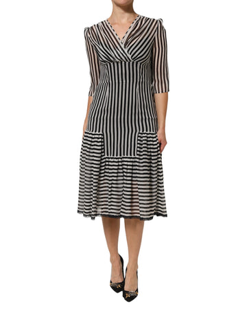 Black White Stripes Silk V-neck Midi Dress