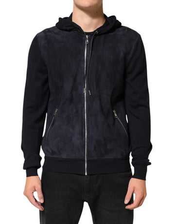 Black Leather Full Zip Hooded Blouson Jacket