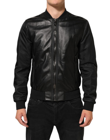 Black Leather Nylon FullZip Blouson Jacket