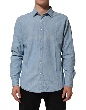 Blue Denim Regular Fit Collared Long Sleeve Men Shirt