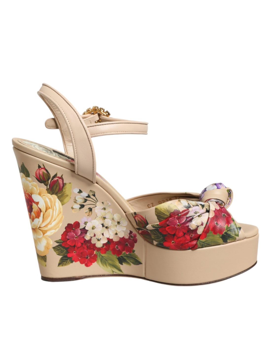 Beige Floral Ankle Strap Wedge Sandals Shoes