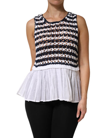 White Black Knitted Round Neck Sleeveless Tank Top